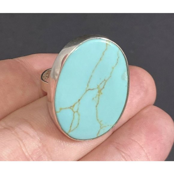 925 Ring Mexico Turquoise Oval Cab Ring Size 7 Adjustable Fine - Picture 2 of 7